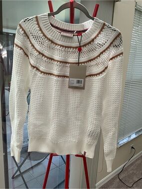 Hunter White Open-Knit Sweater with Brown Trim